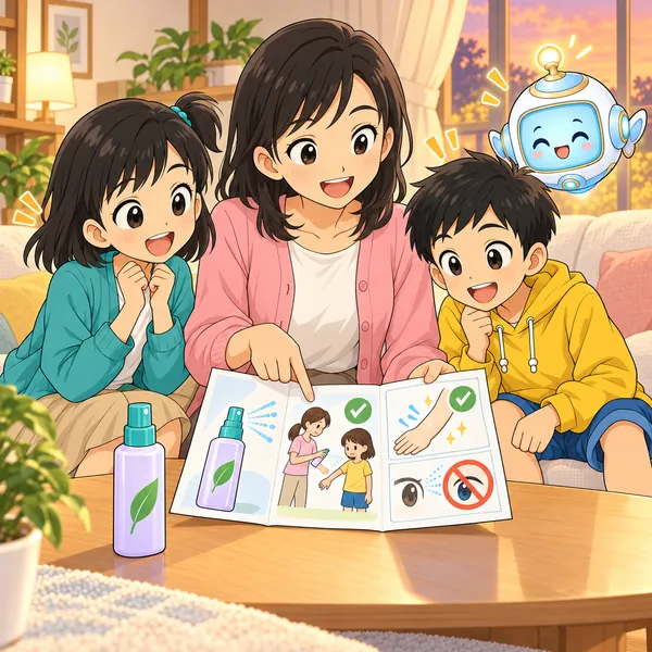 ミオとハルが母といっしょに、虫よけの使い方の説明を見ている。