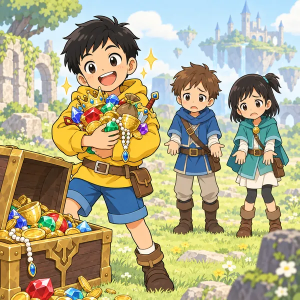 ゲームの画面の中の場面。ハルに似た勇者キャラが、宝箱から出たアイテムや宝石を両手いっぱいにかかえている