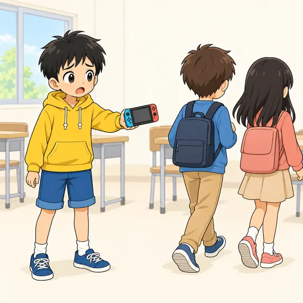 次の日の教室。ハルがゲーム機を見せて友だちを誘おうとしているが、クラスの子ども2人が背を向けて去っていく