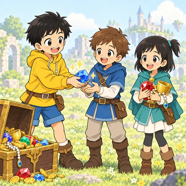 ゲームの画面の中の場面。ハルに似た勇者キャラが、仲間のキャラたちに宝石やアイテムを分けて手わたしている