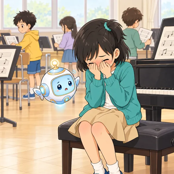 音楽室で、練習のあとミオが顔を赤くしてうつむいている。