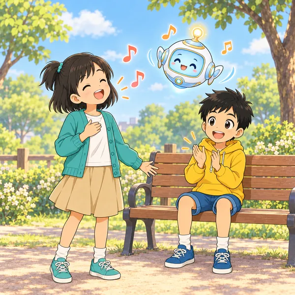 公園で、ミオが歌い、ハルが手拍子をしながら聞いている。
