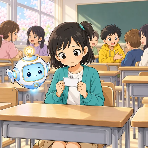 新しいクラスで、ミオが名札を見つめて不安そうにしている。