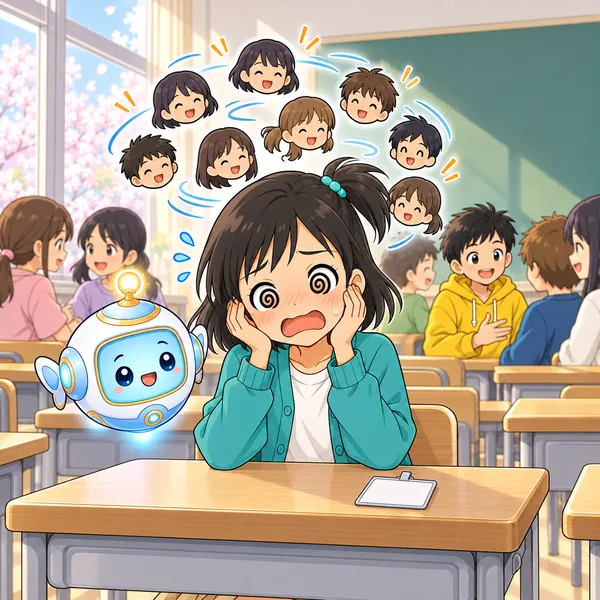ミオの頭の上でたくさんの顔が回り、あせって目を回している。