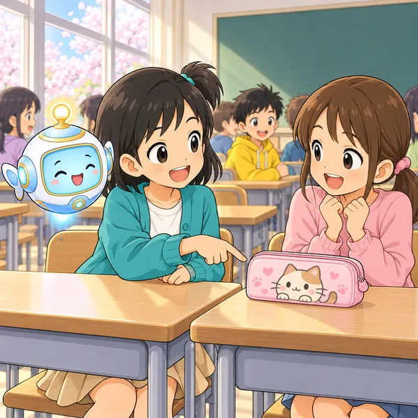 ミオが、となりの子のねこのペンケースをほめて話しかけている。
