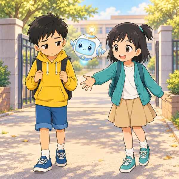 下校時。ミオがハルを遊びにさそっている