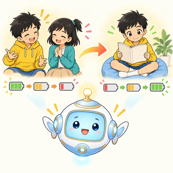 アイが、人と過ごすと少しずつ力を使うこと、ひとりの時間が充電になることを見せている