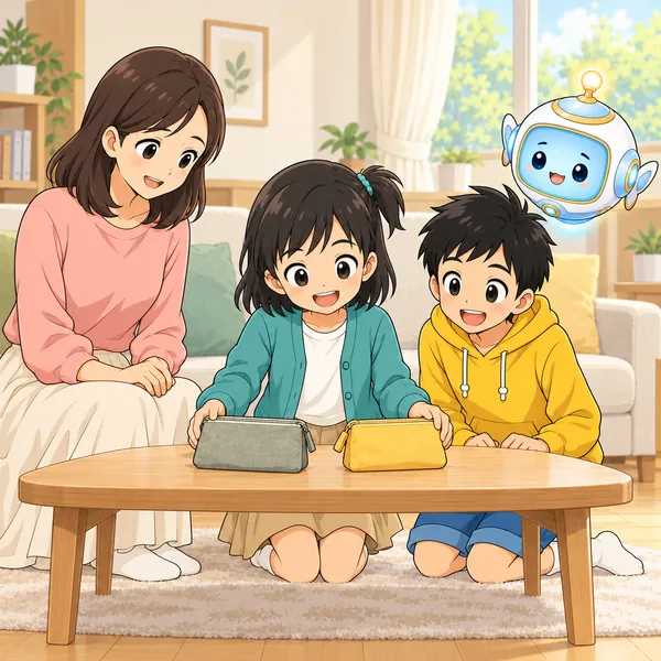 ミオが、もとの色と明るい色のポーチを両方ならべている。