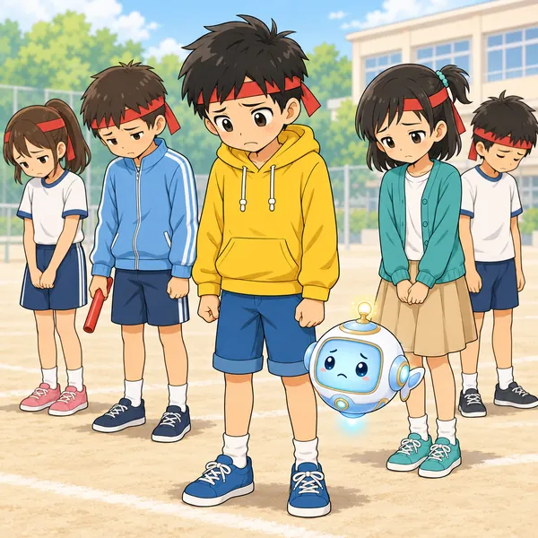 リレーで負けたチームの子たちが、校庭で下を向いている。
