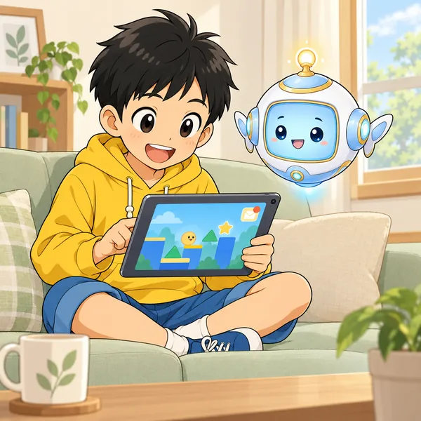 留守番中のハルが、ゲームで知らない相手からメッセージを受け取っている。