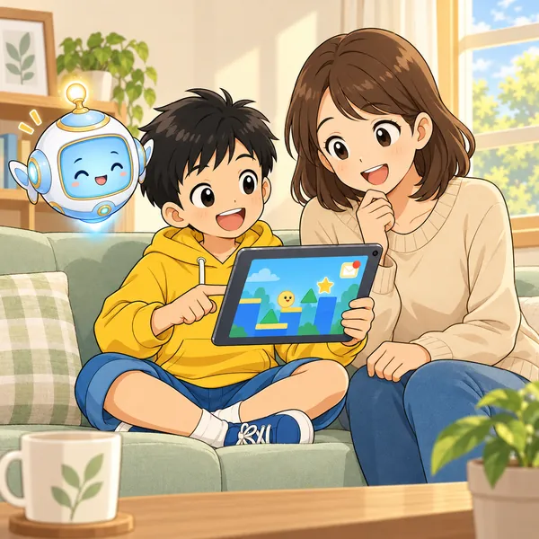 夕方、ハルが帰ってきたお母さんにタブレットの画面を見せて話している。