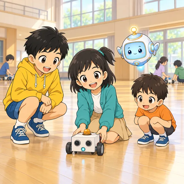 公民館のような広い部屋で、ミオが手作りロボットを動かし始めようとしている。