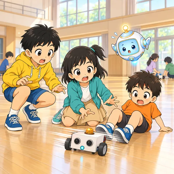 急に走り出したロボットに、オレンジのTシャツの小さな男の子がおどろいてしりもちをついている。