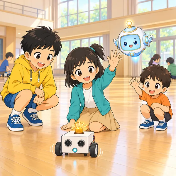 ミオが手をあげて合図し、ロボットがランプを光らせてゆっくり進み、弟が手をふっている。
