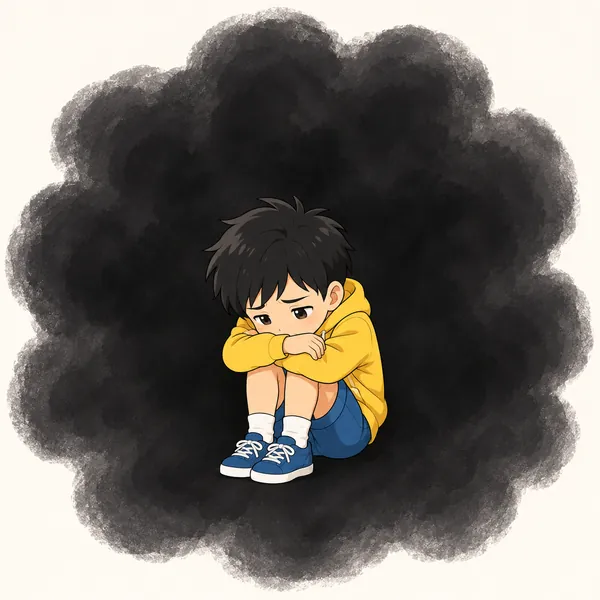 ハルの想像の場面。真っ黒な雲の中に小さくなったハルが一人でうずくまっている
