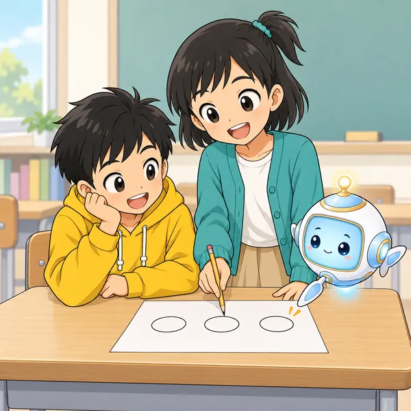 ミオとアイが、紙に3つの小さな丸を書いて、一つずつ指さしながら説明している
