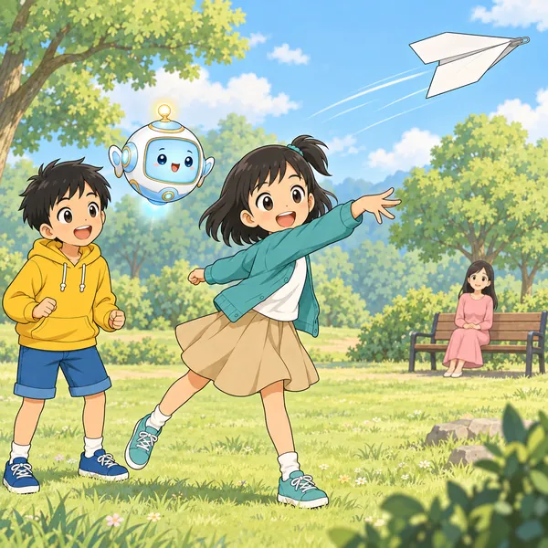 公園で、ミオがつばさを変えてクリップをつけた紙飛行機を強く投げ、遠くまで飛ばしている。