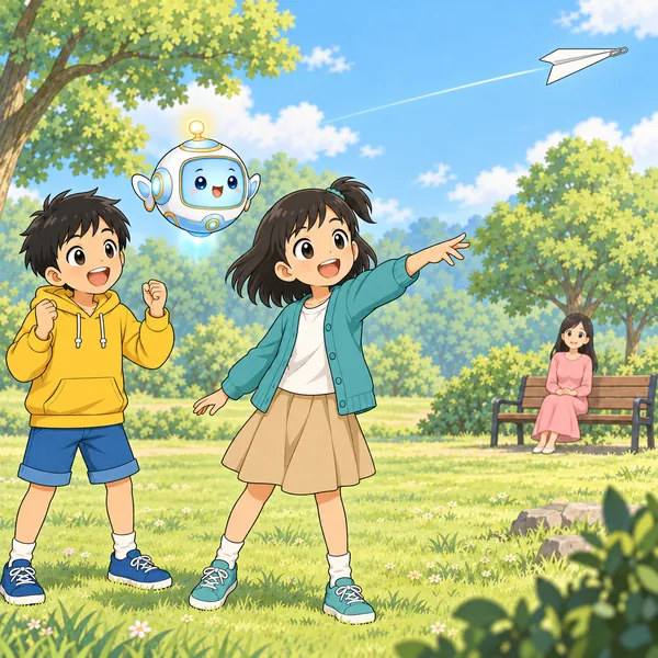 クリップだけつけた紙飛行機がまっすぐ遠くへ飛び、ハルとミオがよろこんでいる。