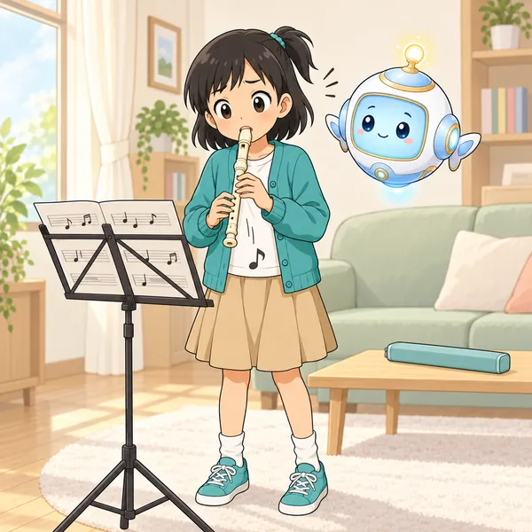 家で、ミオのリコーダーの音が、同じ所で止まっている。