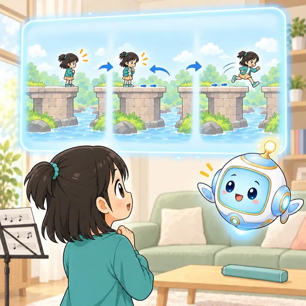 AIロボットが、とぎれた橋の一つ手前に戻り、助走をつけて進む子の絵を見せている。