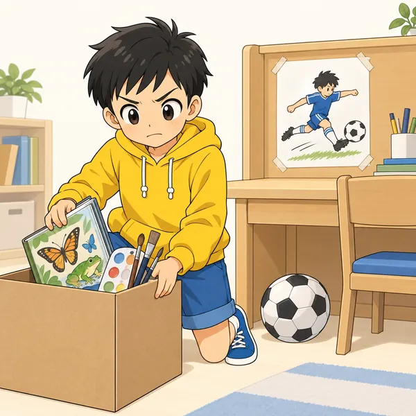 ハルが机に「サッカー選手になる」とだけ大きく書いた紙を貼り、ほかの本や道具を箱にしまいこんでいる