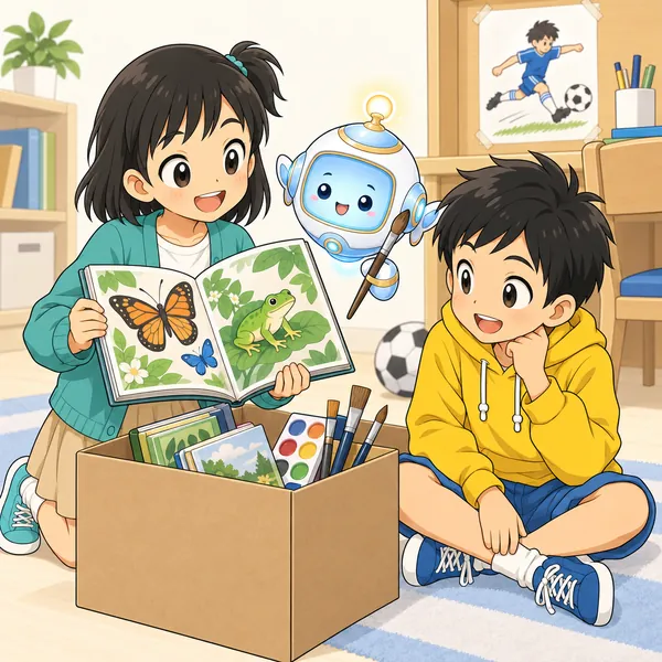 ミオとアイが、箱から絵の道具や生きものの図鑑を取り出して見せている