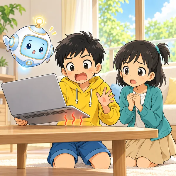 夏のリビングで、ハルがノートパソコンの底にさわって熱さに手をひっこめている。