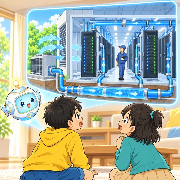 光の窓の中で、外の空気や水のパイプで機械を冷やし、作業服の大人が見回っている。