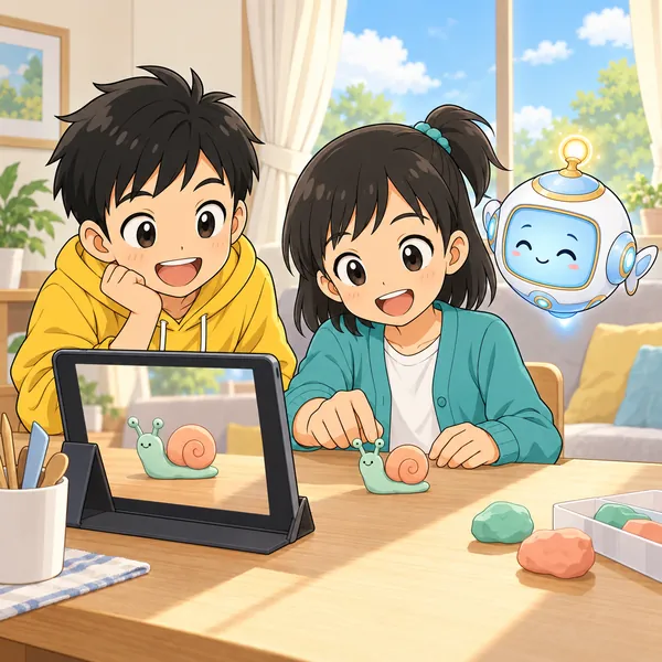 窓のそばで、ミオがねんどのかたつむりを撮り、ハルが手伝っている。