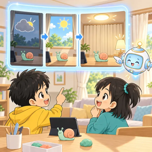 AIロボットが、雲で日ざしが変わる絵と、カーテンを閉めて部屋のあかりで撮る絵を窓に見せている。
