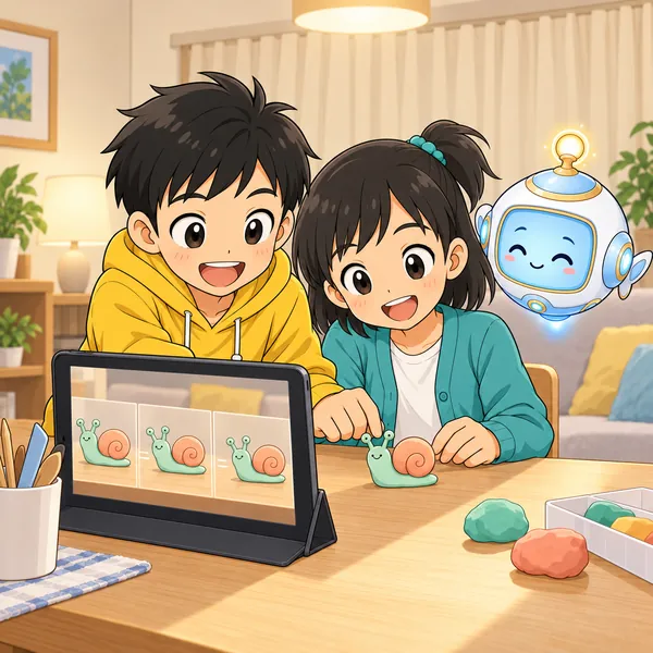 カーテンを閉めて撮り直し、明るさがそろった画面でかたつむりが進んでいる。