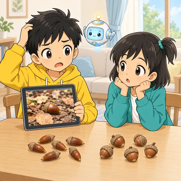 テーブルにどんぐりが並び、ハルがどこで撮ったか思い出せずに頭をかいている。