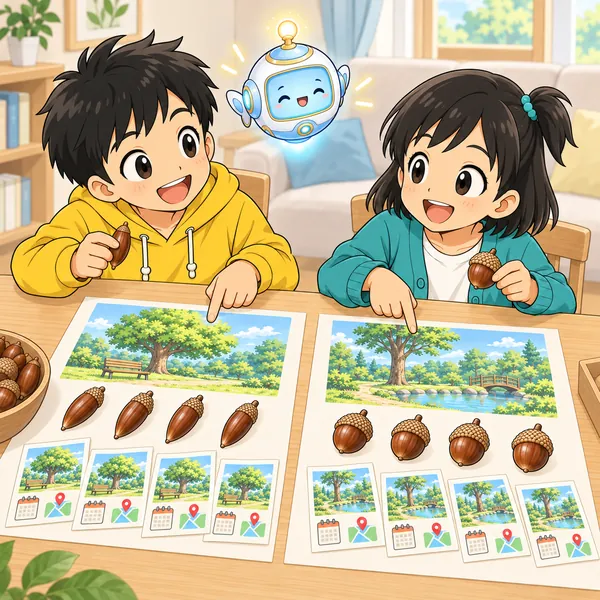 場所ごとにどんぐりを並べ、形のちがいに気づいたハルとミオが笑っている。