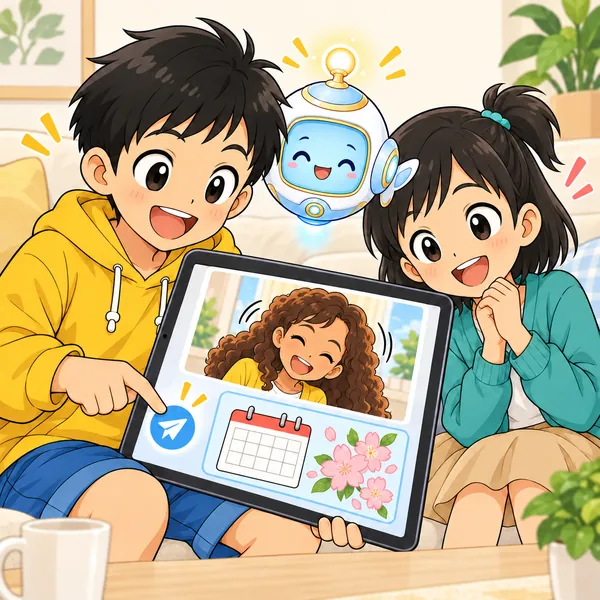 ハルが季節の絵もいっしょに送り、画面の友だちがうなずいている。