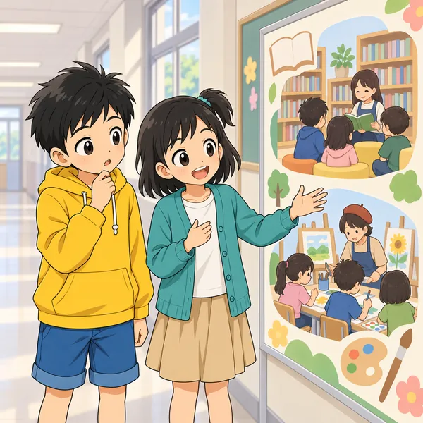 ミオが、学校のほかの場所や習い事のことを話している