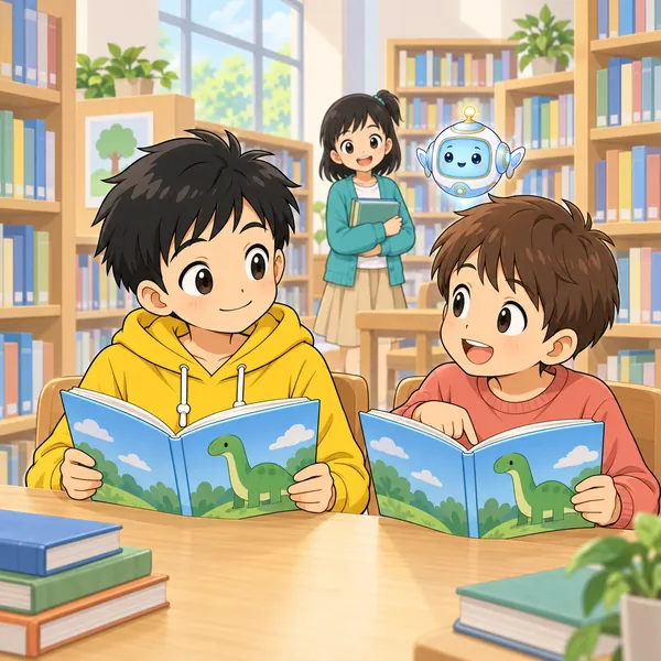 図書館。同じ本を読んでいた子とハルが話し、表情がゆるんでいる