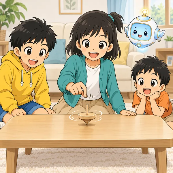 ミオが木のこまの軸をまっすぐ立ててからひねり、長く回して得意顔をしている。