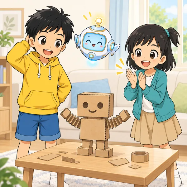 ミオが、ハルの段ボールロボットの工作をほめている。