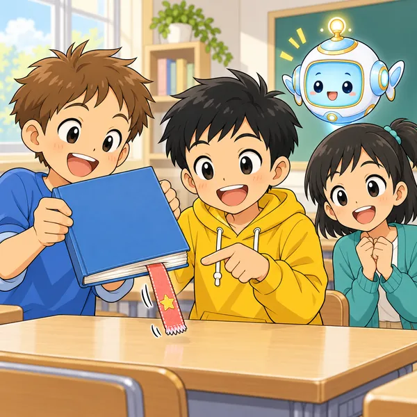 友だちが本にはさむとしおりがずれ、ハルがここを直そうと気づいている。