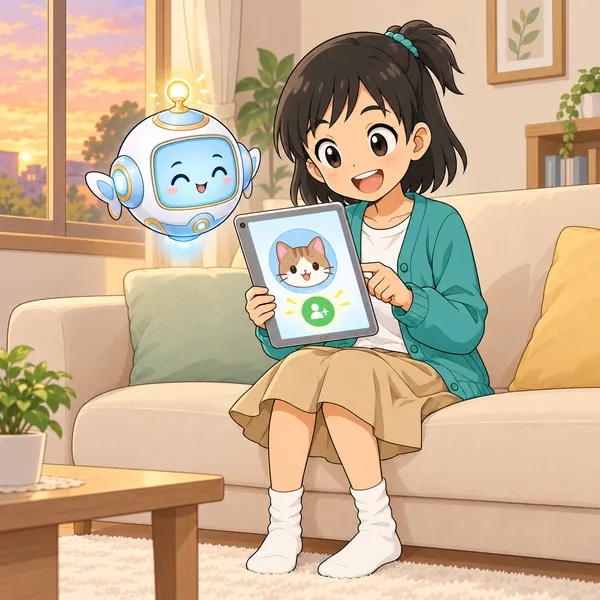 ミオが、クラスの子の名前の申請を見て、すぐOKしようとしている。