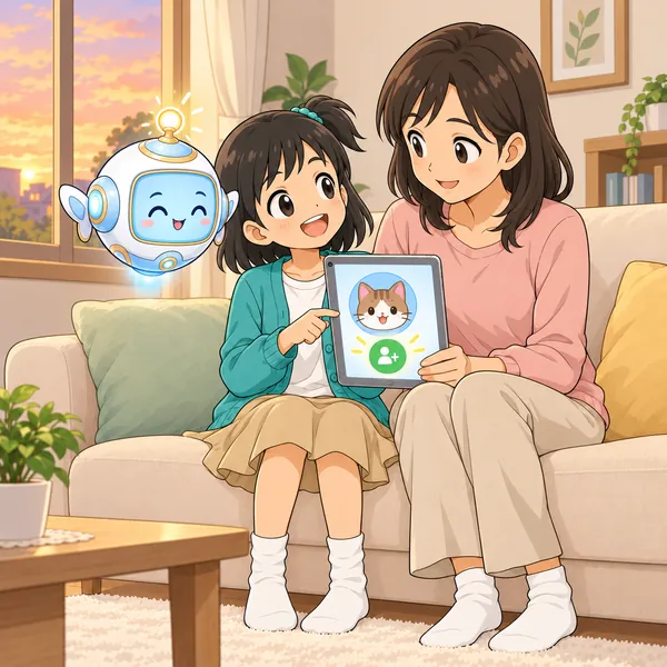 ミオと母が、タブレットを見てうなずいている。