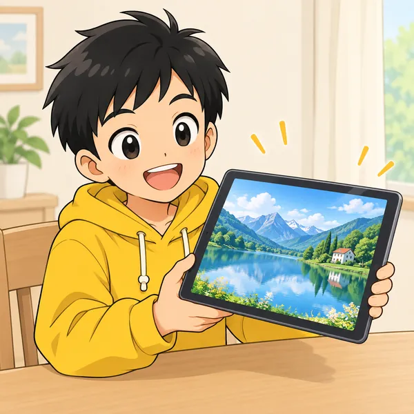 ハルがタブレットで、とてもきれいな風景の写真のような画像を見て、感動している