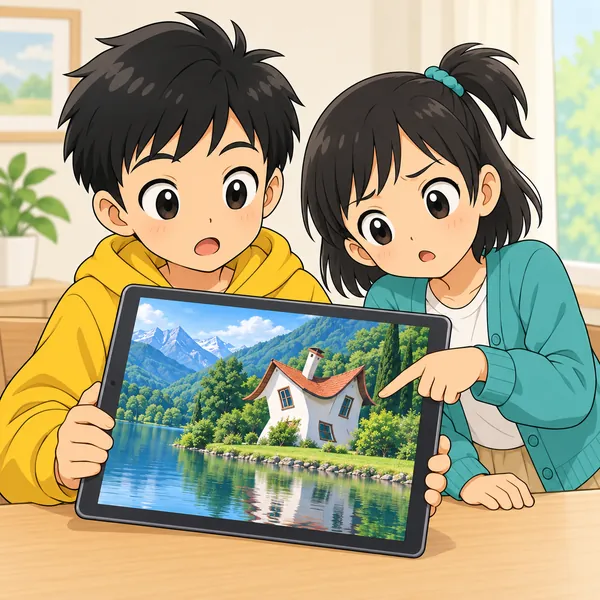 ミオが横から画面をのぞき、細かい所を指さして首をかしげている