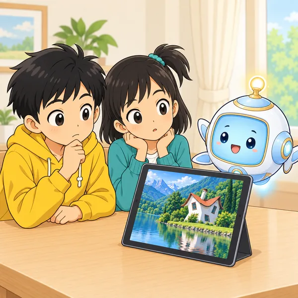 アイが画面のそばに浮かび、AIが作った画像であることをやさしく説明している