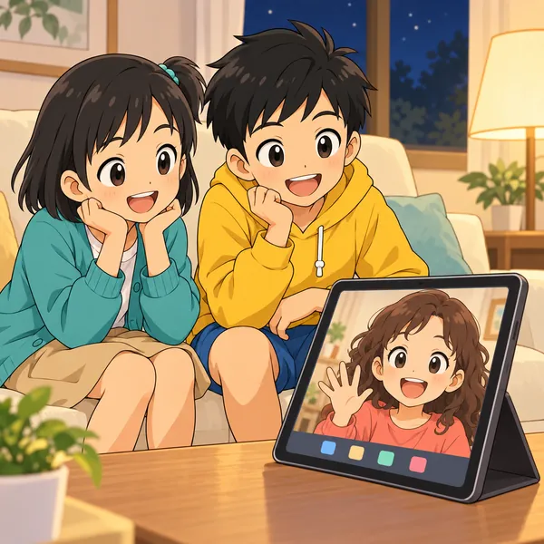夜のリビングで、ミオが翻訳を使って海外のいとことビデオ通話をしている。