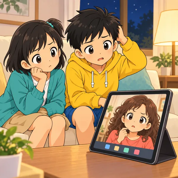 翻訳の吹き出しを見てミオが首をかしげ、画面の中のいとこもきょとんとしている。