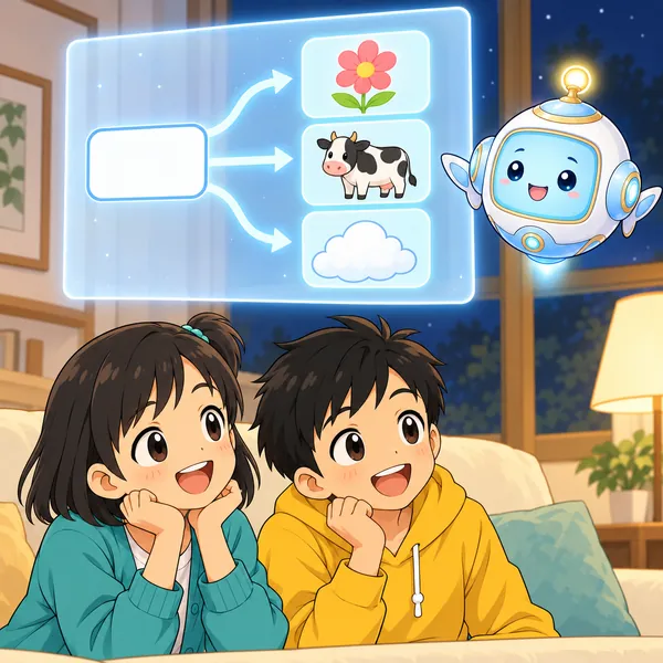 AIロボットが、ひとつの言葉からちがう意味の絵へ矢印が分かれる絵を見せている。