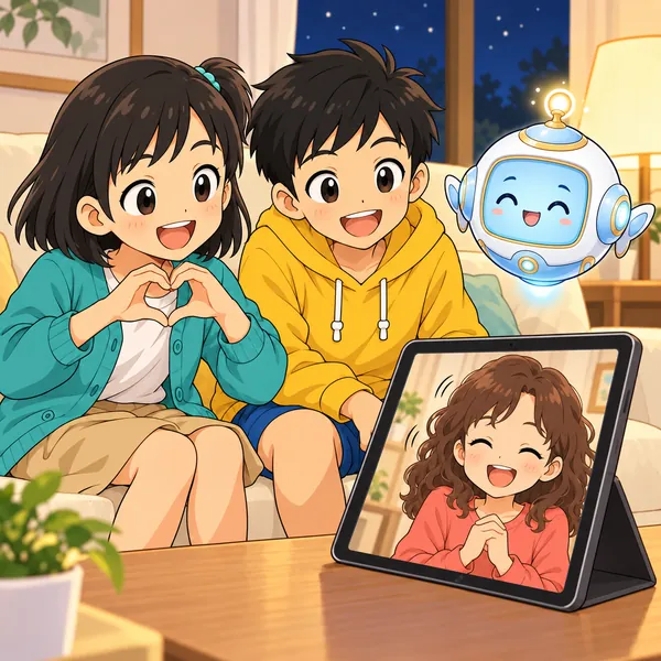 ミオが身ぶりをつけて言い直し、画面の中のいとこが笑顔でうなずいている。