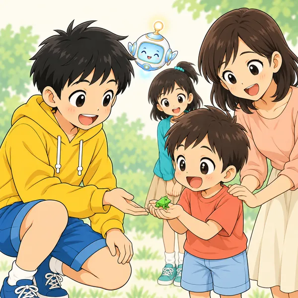 ハルがその子にカエルをわたし、男の子が大喜び
