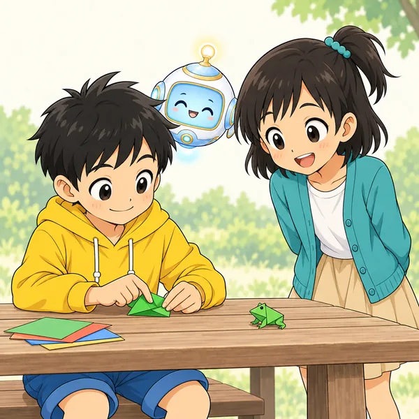 アイがにっこり浮かび、ハルが自信のある顔で次の折り紙を折っている
